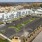 a high angle view of a parking lot and a building