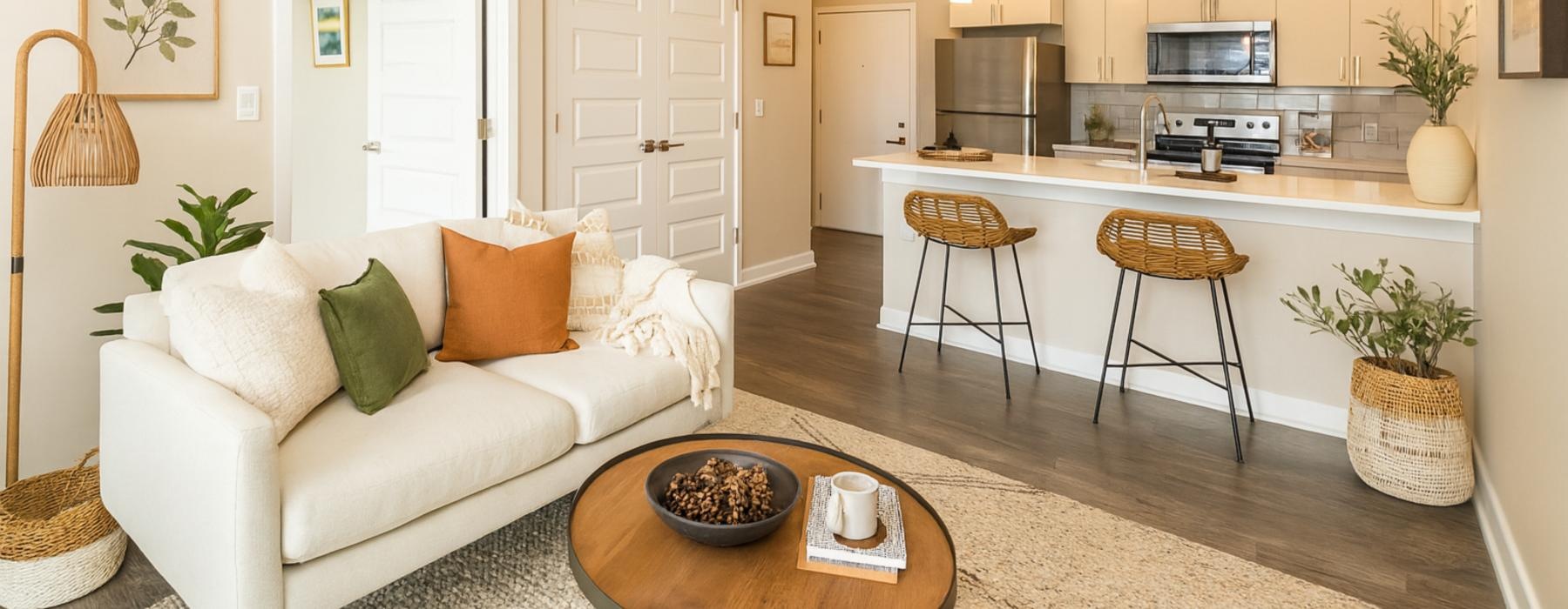a living room with a couch and a table and a kitchen island in the back